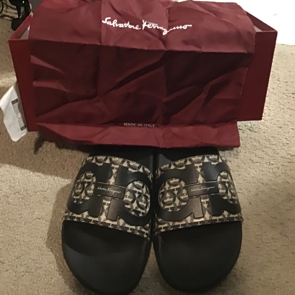 Salvatore Ferragamo Black and Tan Slides